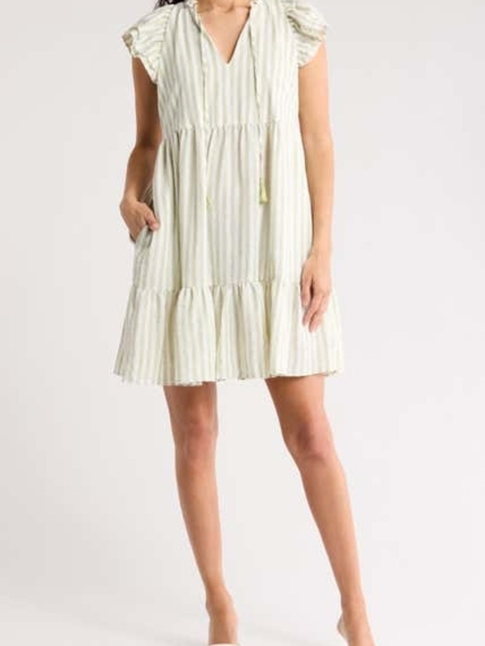 Eliza J Cream and Sage Striped Babydoll Tie-Front Ruffle Sleeve Mini Dress Sz 6